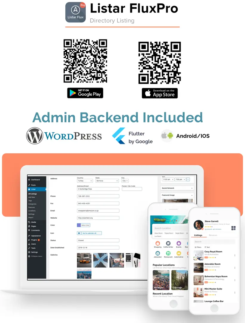 [5318.cm] Listar FluxPro - Flutter mobile directory listing & booking - Wordpress Backend